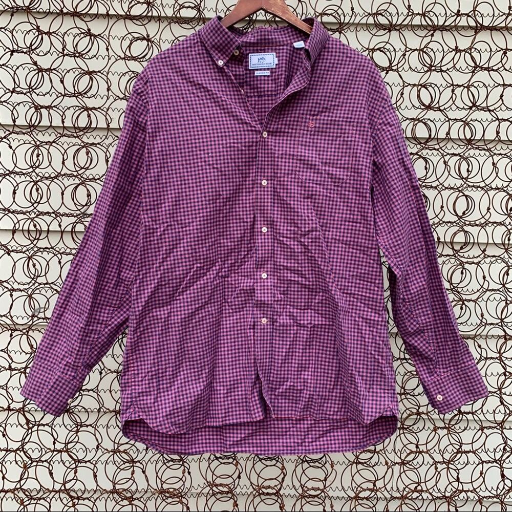 Southern Tide Classic Fit long sleeve button down blue mauve check shirt LARGE